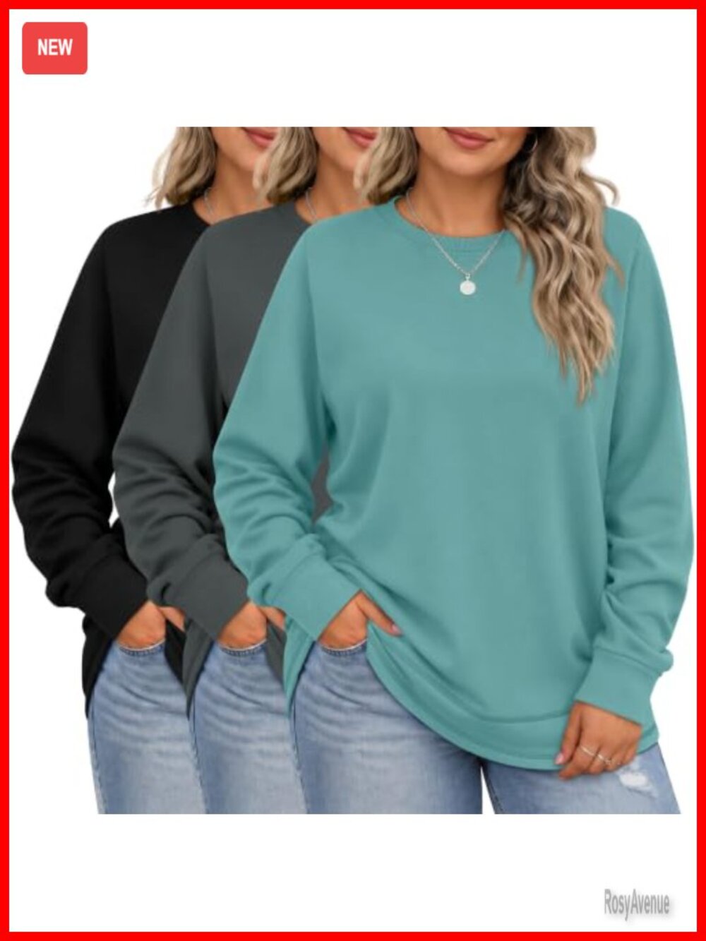 3 Pack Plus Size Cotton Sweatshirts Long Sleeve Curved Hem Tunic Tops